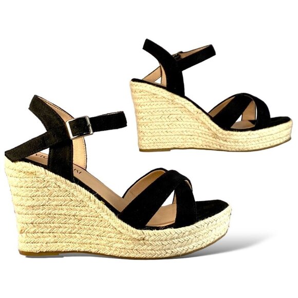 Vicki-Vicki Wedge Heel Sandals Womens 8 Black Suede Jute Ankle Strappy Platform - Picture 3 of 8